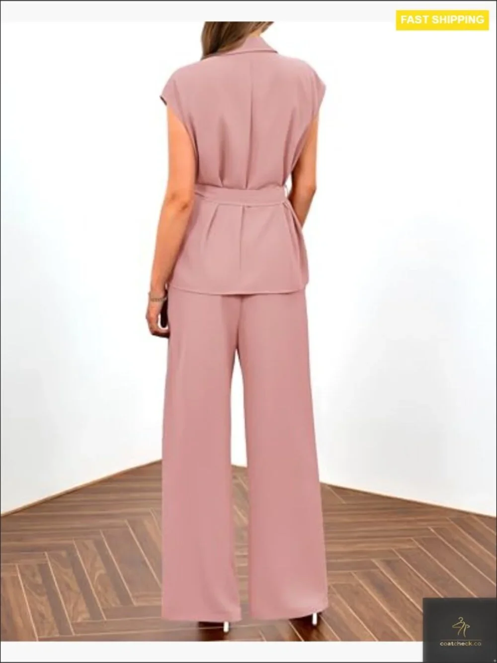 Cap Sleeve V Neck Blazer Vest Wide Leg Pant Set 2 Piece Business Work Outfit